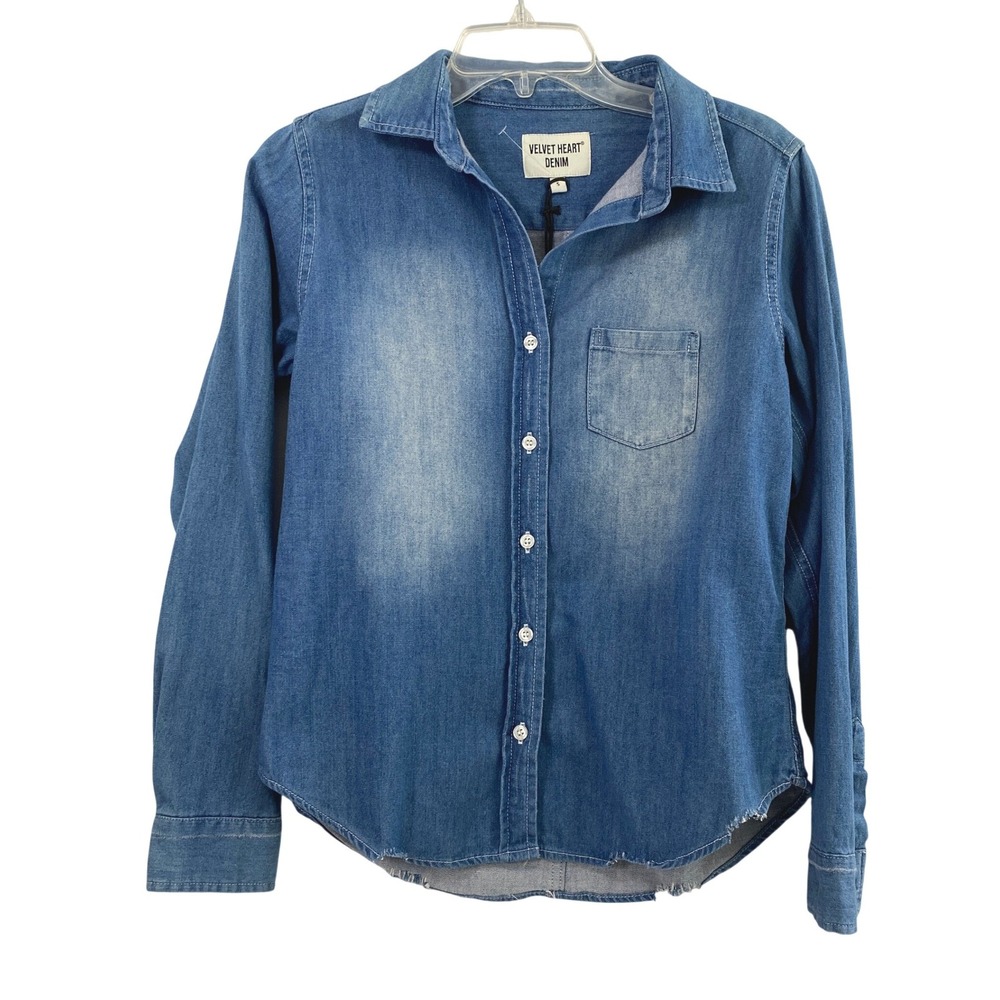 Velvet Heart‎ Denim Shirt Womens Small Blue Distressed Long Sleeve Button Up Top